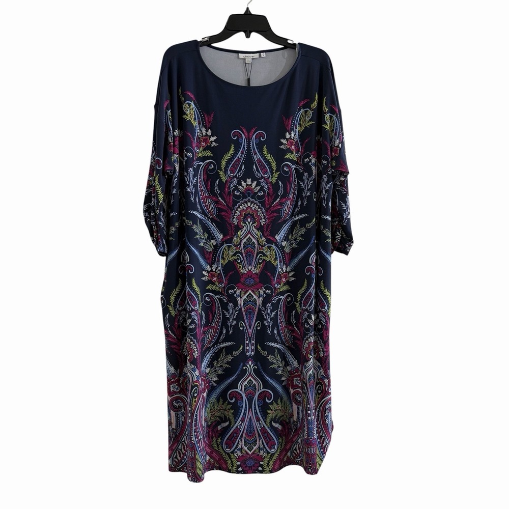 Chico's Size 3 XL Passport Blue Paisley Jersey Midi Dress NWT Pockets 3/4 Sleeve